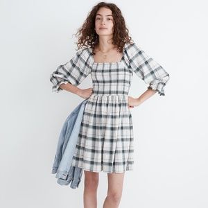 Madewell Lucie Elbow-Sleeve Smocked Mini Dress in Lebaum Plaid
